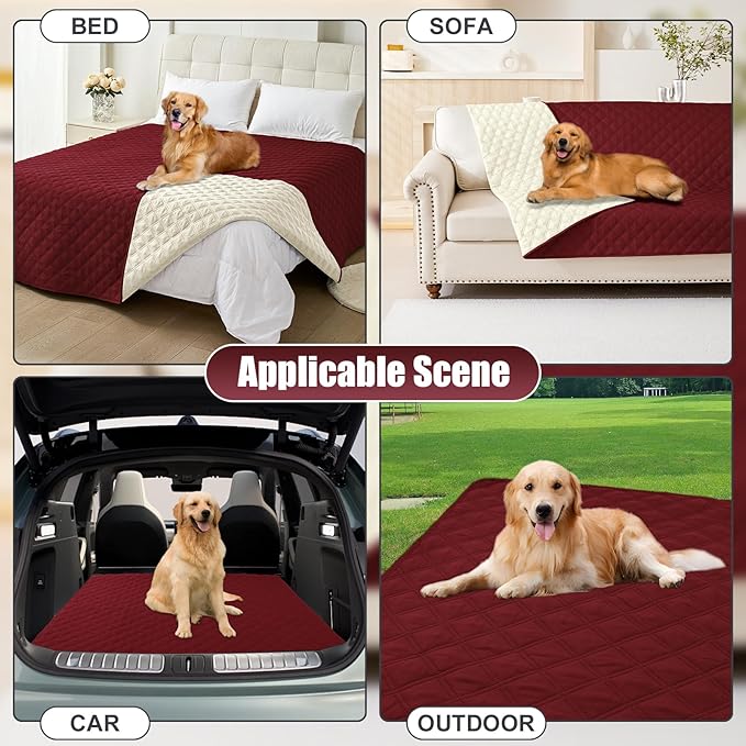 Smiry Waterproof Dog Bed Cover Pet Blanket, Soft Washable Dog Blanket for Furniture Bed Couch Sofa Reversible, Checkered (68"x82", Wine Red/Beige)