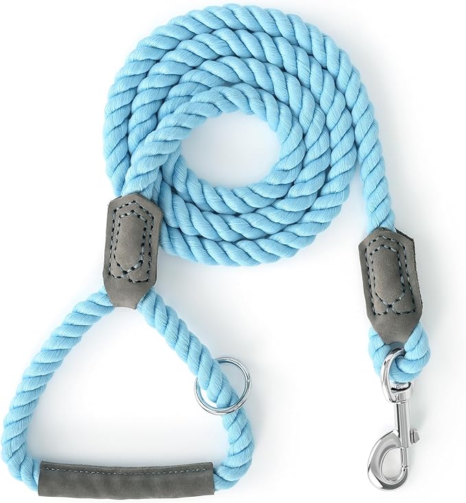 Mile High Life Dog Leash, Braided Cotton Rope Leashes with Leather Handle - Heavy Duty Metal Clasp, 6FT, 1/2" Thick - Wedding, Walking & Training Leash for Small Medium Large Dogs (Sky Blue)