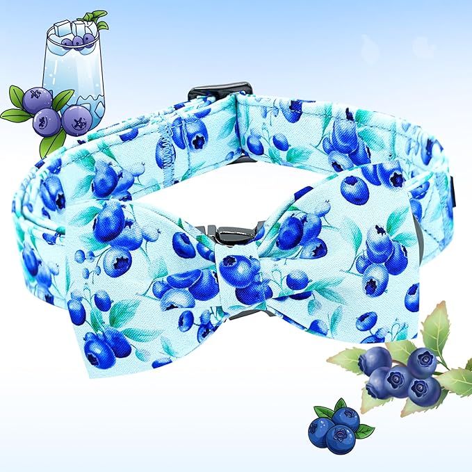 Lionheart glory Dog Bow Collar Blueberries Print Collars for Medium Dogs, Spring Summer Cute Duty Adjustable Dog Collar with Bowtie Pet Collars Bows Pet Gift