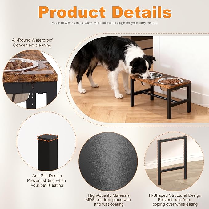 Piskyet Large Elevated Dog Bowls, Metal Raised Dog Bowl Stand with 304 Stainless Steel Bowls (7.5 Cups - 55oz), Non-Slip Tall Stand for Large Breed Dogs