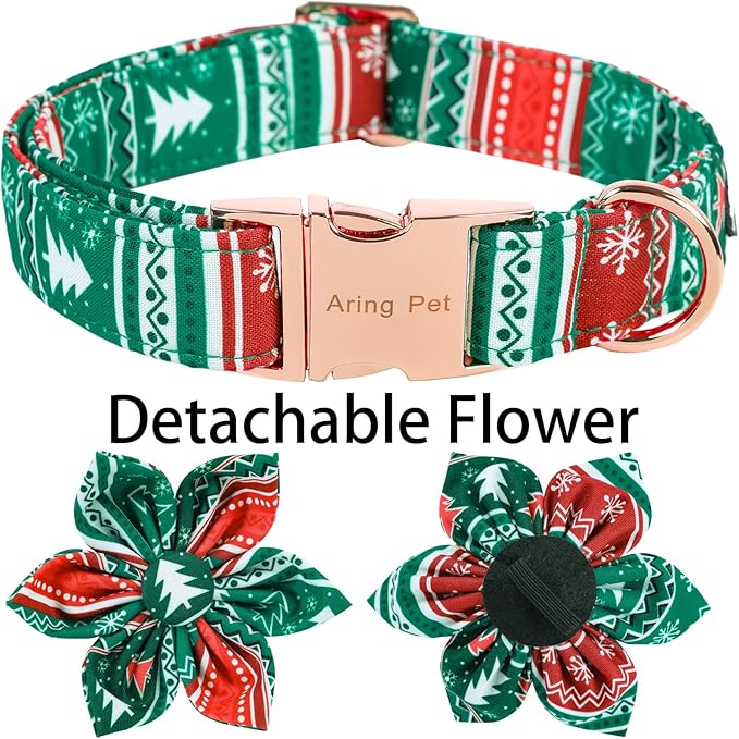 ARING PET Christmas Dog Collar, Cute Folk Xmas Red Green Detachable Flower Pet Collars with Metal Buckle for Puppy Small Medium Large Boy Girl Dogs-M