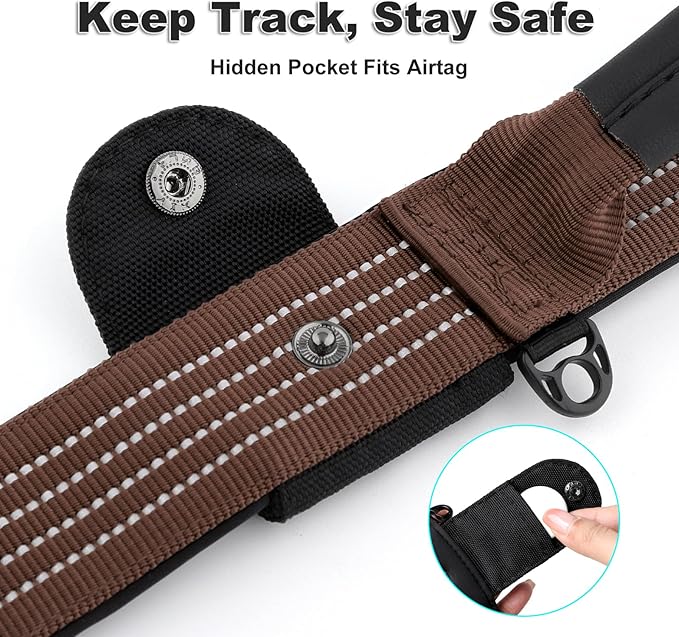 Plutus Pet Tactical Dog Collar with Tracker Pocket for AirTag, Adjustable Reflective Nylon Collar, Metal Buckle, Leather-Wrapped Handle, Soft Padded for Medium Large Dogs (Chocolate, L)