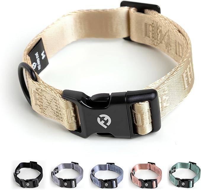 2026 New Edition, Fei & Eve Classic Dog Collar - Quick Release Metal Buckles | Fur-Safe | Premium 210D Nylon | 450LB Escape-Proof | Adjustable Fit | Medium (Champagne)