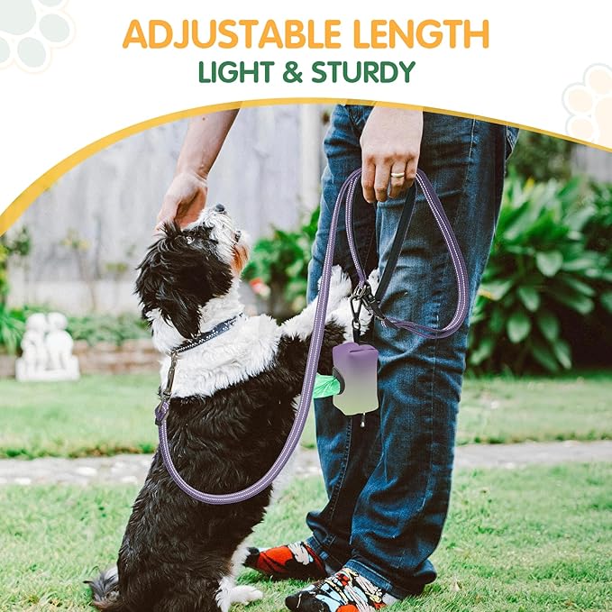 Kazazoo Hands-Free Dog Leash with Poop Bag Holder, Adjustable 4-7 Ft Waist for Dog Walking, Running for Small & Medium Dogs with Reflective Strips, Nylon Waist Belt, Deep Purple