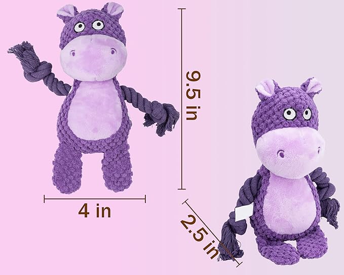Dog Toy Squeaky Chewing Rope Stuffed Plush Animal with Crinkle Paper Interactive Soft Aggressive S-M-L Pets Gift Holiday Purple Hippo