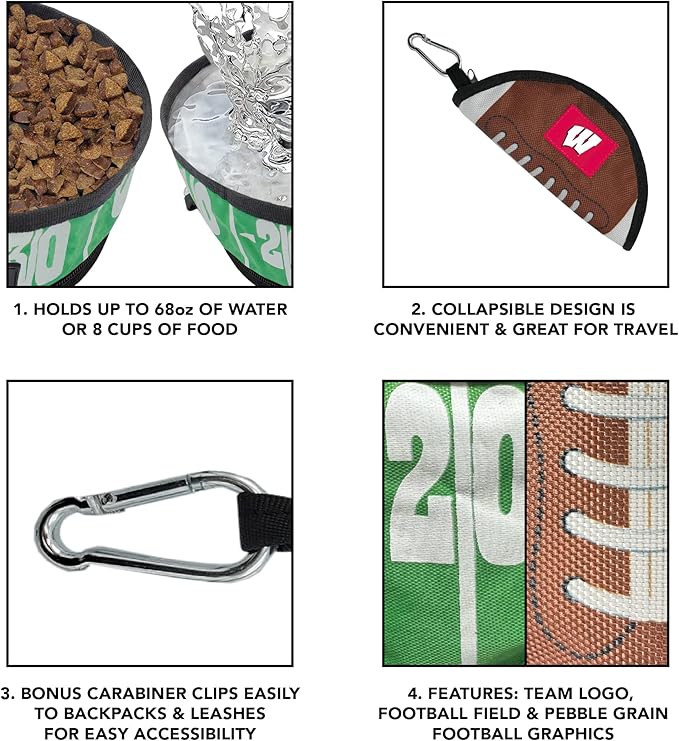 Pets First NCAA Wisconsin Badgers Collapsible Dog Travel Bowl, Food and Water Bowl for Dogs & Cats. Lightweight Leak-Proof Pet Bowl for Travel with Football Field & Pebble-Grain Design