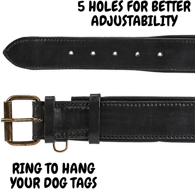 Real Leather Dog Collar Padded Soft Interiors with Premium Vintage Look Handcrafted Heavy Duty with Tag Ring for Small Medium and Large Pets (X-Large (1.75" Wide for 20" - 24" Neck), Black)