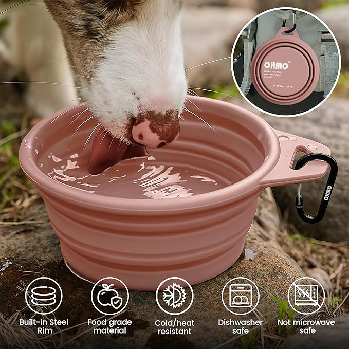 OHMO Collapsible Dog Water Bowls w/Built-in Stainless Steel Ring – 2pcs Small 12oz/400ml Portable Silicone Pet Feeding Bowl for Hiking, Camping, Travel