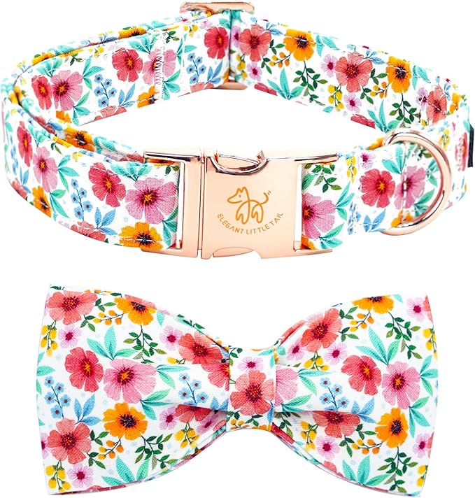 Elegant little tail Dog Collar- Cute Floral Dog Collar with Bow for Large Dogs, Female Adjustable Cotton Summer Pet Bow Holiday Puppy Collar for Small Medium Large Dogs