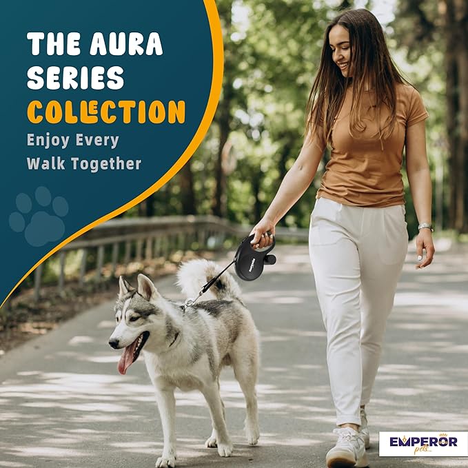 Emperor Pets 26 ft Retractable Dog Leash Black - Heavy Duty Retractable Pet Leash with Anti-Slip Grip for Medium to Large Dogs up to 110 lbs -Aura BB26