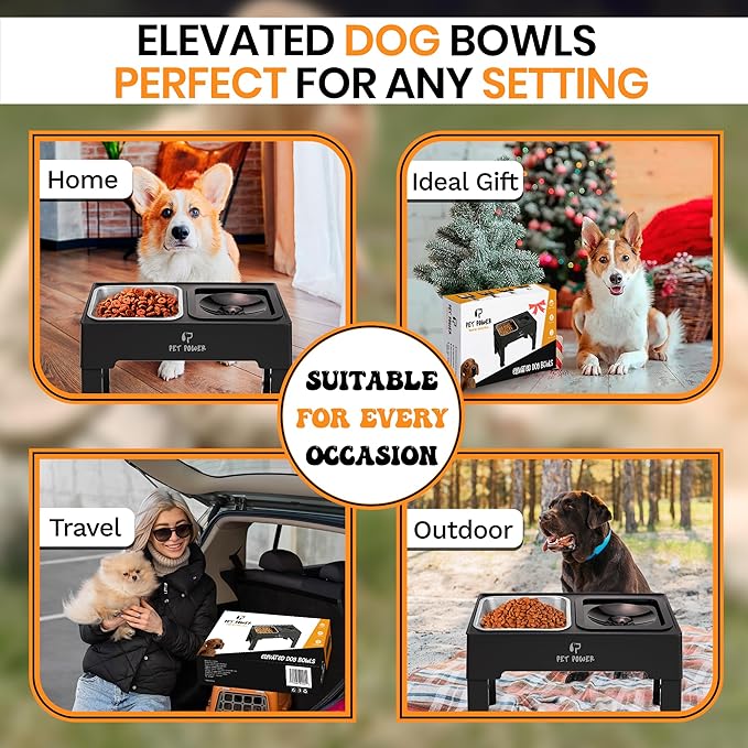 Dog Bowls Elevated Large Breed, Raised Dog Bowl Stand with 4 Adjustable Height, Stainless Steel Food Bowl & No-Spill Water Bowl for Small, Medium, Large Dogs