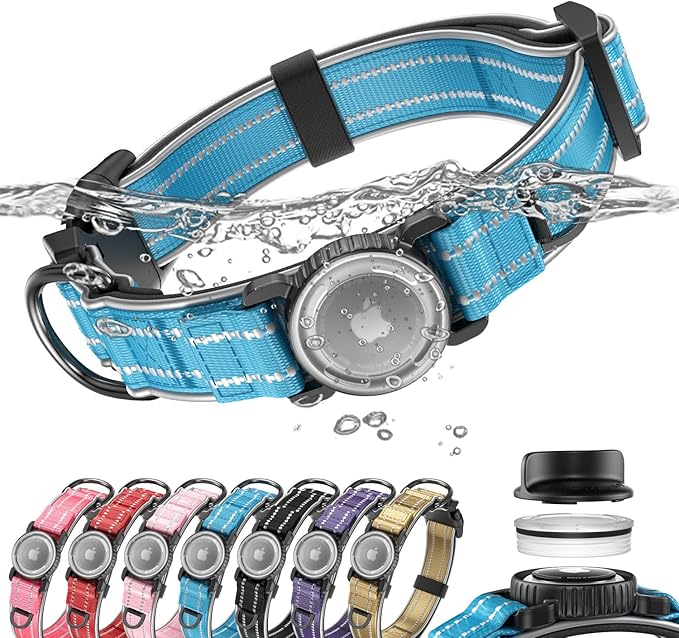 Upgrade Airtag Dog Collar,with IPX8 Waterproof AirTag Holder | Reflective Ultra-Durable | Soft Padded | Lock Buckle | Heavy Duty | Fit Small Medium Large Dogs（Blue1，L(17"～23")）