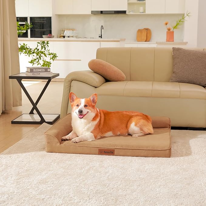 Orthopedic Dog Bed Medium Size Dog, Memory Foam Dogs Bed for Medium Dogs, Washable and Removable Microsuede Cover, Waterproof Liner, Non-Skid Bottom, 35x23x6 Inches, Khaki