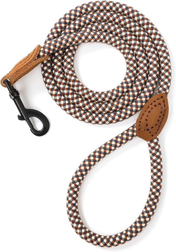 Mile High Life Rope Leash with Genuine Leather Connection, 6 FT/5 FT/4 FT, Heavy Duty Leash for Medium & Large Dogs (Brown, 72 Inch)