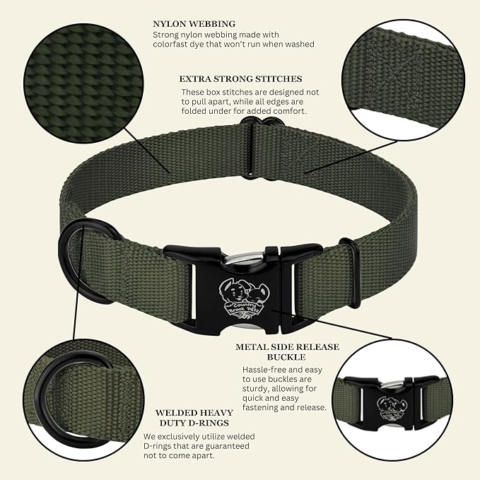 Country Brook Petz - Premium Nylon Dog Collar with Metal Buckle for Small Medium Large Breeds - 10+ Cool Colors (Extra Large, 1 Inch, Dark Olive Drab)