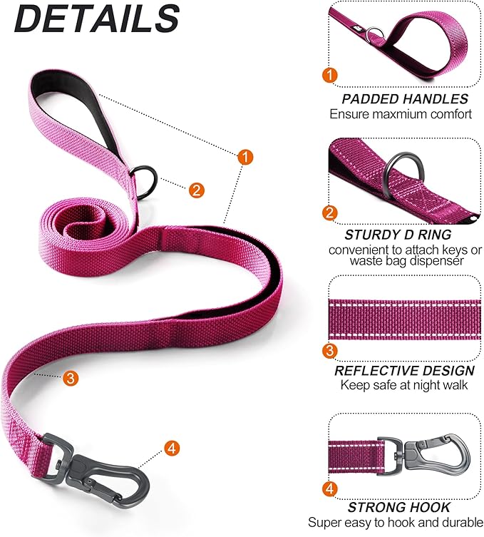 TwoEar 6FT 1IN Strong Rose Dog Leash with 2 Padded Handles, Traffic Handle Extra Control, Comfortable Soft Dual Handle, Auto Lock Hook, Reflective Walking Lead for Small Medium and Large Dogs