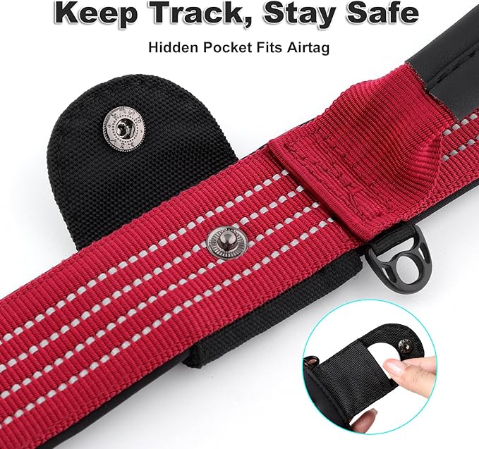 Plutus Pet Tactical Dog Collar with Tracker Pocket for AirTag, Adjustable Reflective Nylon Collar, Metal Buckle, Leather-Wrapped Handle, Soft Padded for Medium Large Dogs (Burgundy Red, S)