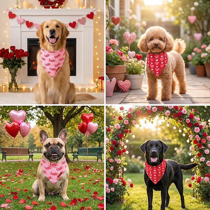 PTDECOR Valentine Dog Bandanas, Reversible Red Pink Valentine Pet Scarf, Premium Durable Fabric, Love and Heart Bandanas for Medium Large Dogs (Large)
