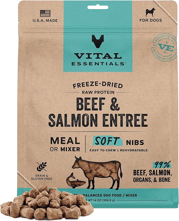 Vital Essentials Freeze Dried Dog Food, Raw Beef & Salmon Soft Nibs | Complete Meal or Mixer | 99% Beef, Salmon, Organs & Bone | High Protein, Low Carb, Grain Free, Dry Dog Food | 14 oz