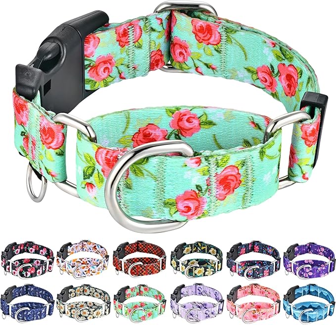 No Pull Martingale Dog Collar with Buckle Floral Slip Collar for Female Dogs (Green Rose,Large)