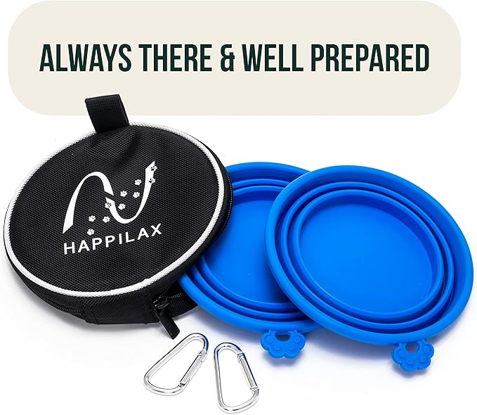 Happilax Travel Dog Bowl Set - 2 Foldable Silicone Food and Water Bowls with Carabiners and Bag - Collapsible Feeding Bowls for Wet and Dry Food - 680ml Capacity - Available in Black and Blue
