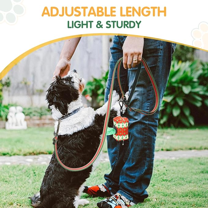 Kazazoo Hands-Free Dog Leash with Poop Bag Holder, Adjustable 4-7 Ft Waist for Dog Walking, Running for Small & Medium Dogs with Reflective Strips, Nylon Waist Belt，Red&Green