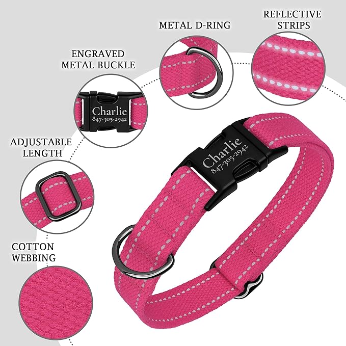 Personalized Dog Collar with Gold Metal Buckle, Velvet Custom Dog Collars for Small, Medium & Large Dogs – Puppy Collars with Metal Buckle, 4 Sizes, 8 Colors (Pink, L, 15"-19")