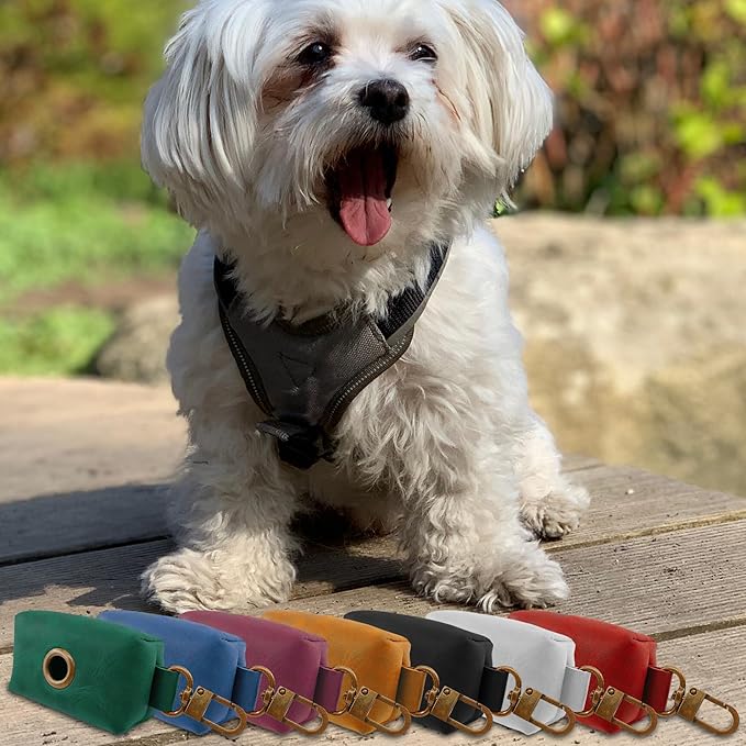 HIFA Genuine Leather Dog Poop Bag Holder, Poop Bag Holders for Leashes - Soft Touch Rustic Leather, Metal Clips and Easy Access to Pet Waste Bags- Dog Poop Bag Dispenser for Outdoor Walking