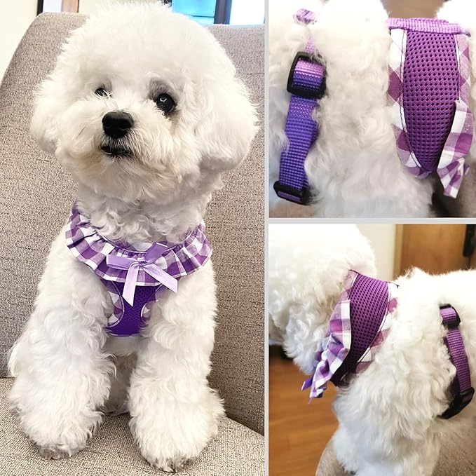 SuperBuddy Upgraded Soft Mesh Dog Harness, Super Breathable Lightweight Pet Harnesses for Puppy Dogs Outdoor Walking, Pink and Purple Dog Harness Set Packing -Medium