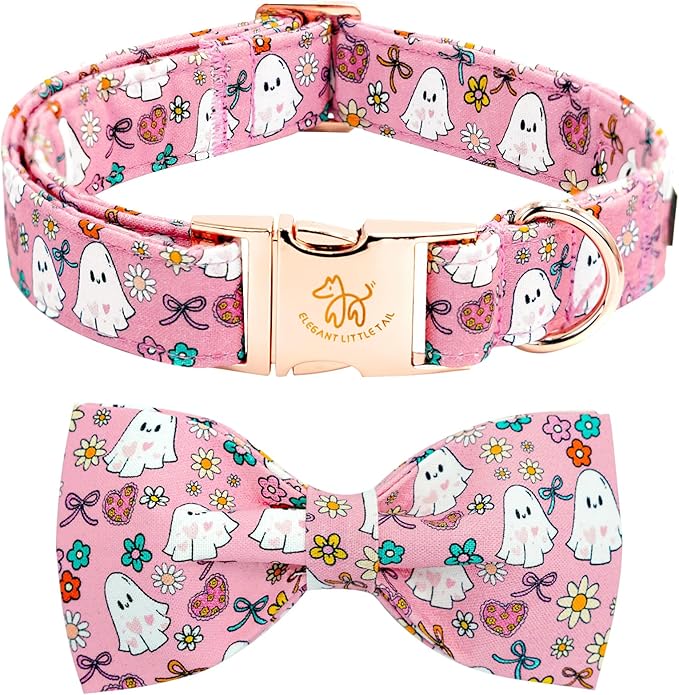 Elegant little tail Halloween Dog Collar, Pink Ghosts Print Dog Collar with Bow Puppy Collar Bowtie Flower Female Cotton Adjustable Collars for Small Medium Large Dogs