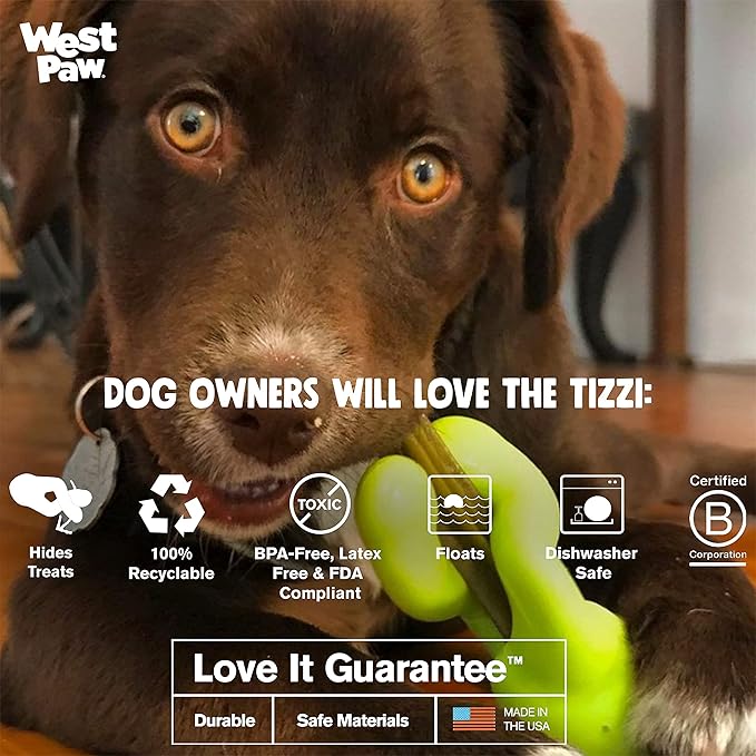 West Paw Zogoflex Tizzi Interactive Treat Dispensing Dog Fetch Play Toy, 100% Guaranteed Tough, It Floats!, Made in USA, 7-Inch Large, Aqua