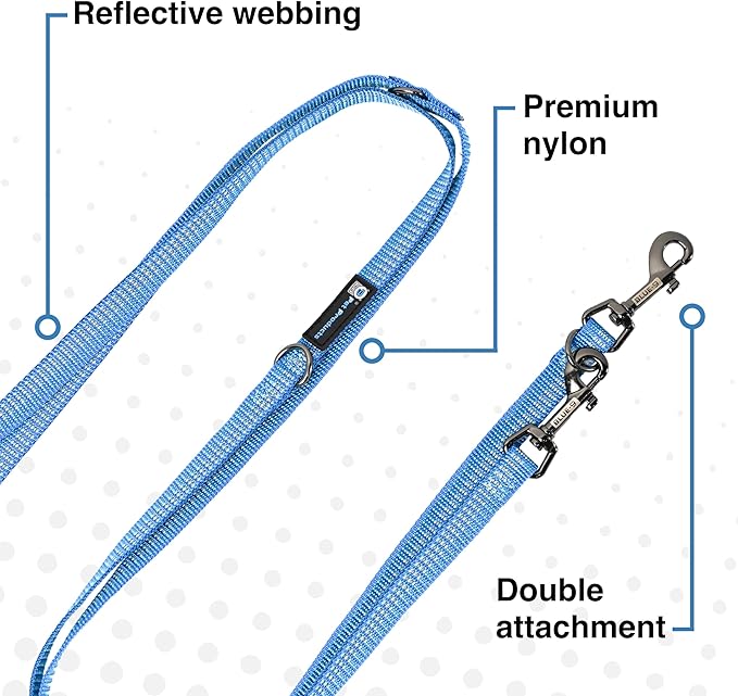 Blue-9 Reflective Multi-Function Dog Leash, Double Attachment Adjustable Lead for Obedience Training and Running, 6 Feet, Made in The USA, Small/Medium, Blue