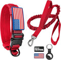 Tactical Dog Collar and Bungee Leash,Military Dog Collar & Leash Set with USA American Flag Adjustable K9 Collar with Heavy Duty Metal Buckle & Handle,with Patches and Airtags Case (XL, Red)