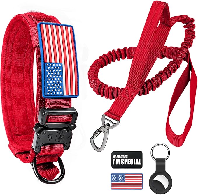 Tactical Dog Collar and Bungee Leash,Military Dog Collar & Leash Set with USA American Flag Adjustable K9 Collar with Heavy Duty Metal Buckle & Handle,with Patches and Airtags Case (M, Red)