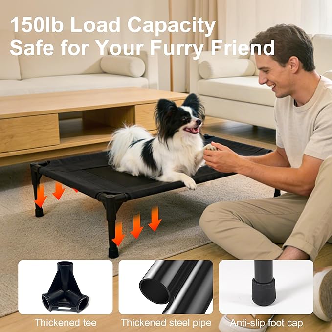 Pet Bed, Raised Pet Cot for Medium and Large Dogs, Cooling Breathable Mesh, Durable Sturdy Frame, Washable Cover, Portable and Easy to Assemble Indoor/Outdoor Pet Bed, Black, S