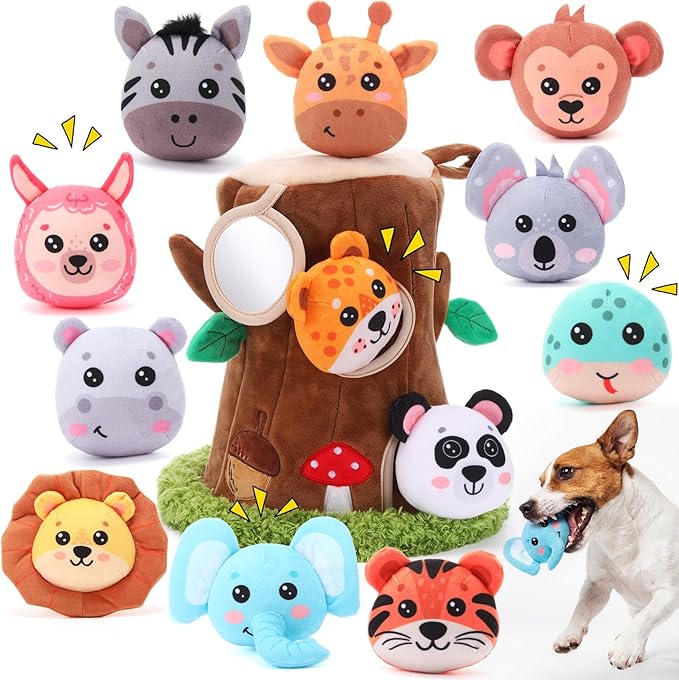 13 Pcs Hide and Seek Dog Toys Activity Puppy Chew Squeaky Animal Plush Woodland Toys with Crinkle Treehouse Interactive Pet Stuffed Gift with Squeakers for Small Medium Pets Dogs Puppy