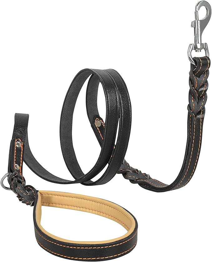 Riparo Leather Dog Leash 6ft with 2 Handles Padded Handle for Control, Leather Dog Leashes for Small Medium Breed Dogs Training Walking Leather Leashes for Dogs (Black/Orange Thread, M: 1/2" x6ft)