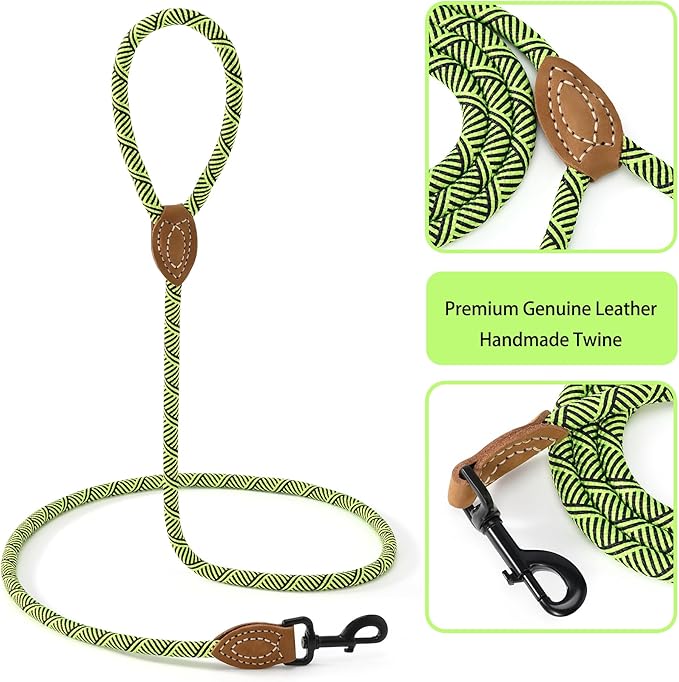 Mile High Life | Mountain Climbing Dog Rope Leash with Heavy Duty Metal Sturdy Clasp | Genuine Leather Tailored Connection with Strong Stitches (Lime Green, 60 Inch (Pack of 1))