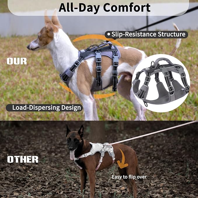 Huntboo Reflective Dog Harness with Handle, Escape Proof, No Slip, Breathable, Lightweight, Adjustable Lift Harness for Small, Medium, and Large Dogs Walking, Training, and Running Gear(Black,L)