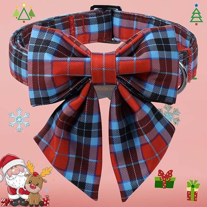 DOGWONG Christmas Dog Collar with Bow Tie, Red Green Plaid Dog Collar Durable Metal Buckle Adjustable Soft & Cute Red Grid Dogs Collars for Small Medium Large Dogs, M