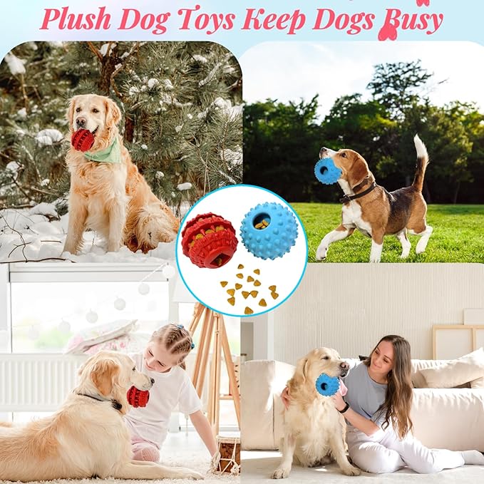 2Pack Interactive Dog Puzzle Toys for Treat Dispensing, Durable Rubber Dog Balls for Teething, Treat Ball for Small/Medium/Large, Slow Feeder/IQ Training Blue-3.14‘’,Red-2.67‘’