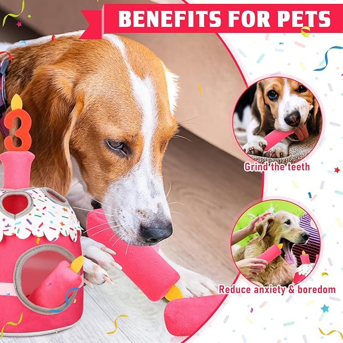 Dog 3rd Birthday Cake Toy Squeaky Interactive Dog Toy Hide and Seek Plush Dogs Puzzle Puppy Toys for Boredom Keep Them Busy for Small Medium Dogs(Pink)