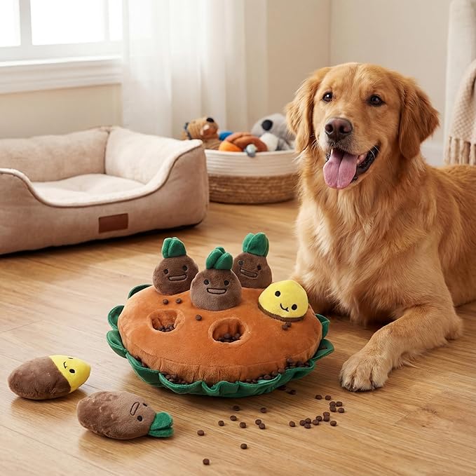 Skylety 7 Pcs Interactive Sweet Potato Dog Toy Set Snuffle Toy with Treat Hiding Puzzle and Squeaky Plush, Durable Vegetable Dog Toys for Small Medium Dogs, Training and Boredom Relief Plaything