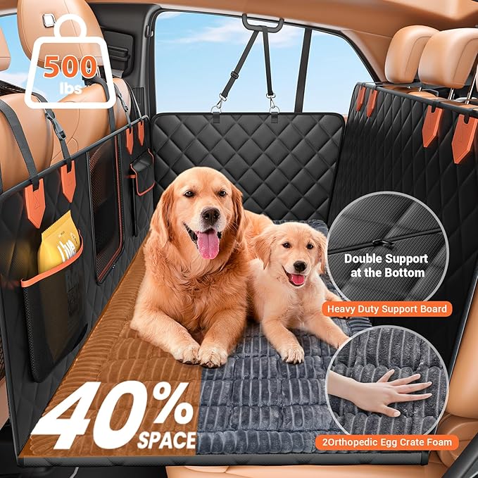 Hard Bottom Car Seat Cover for Dog swith Removable Soft Blankets,Scratch-Proof and Anti-Slip Car Dog Hammock for Large Dogs Brown for Car, SUV