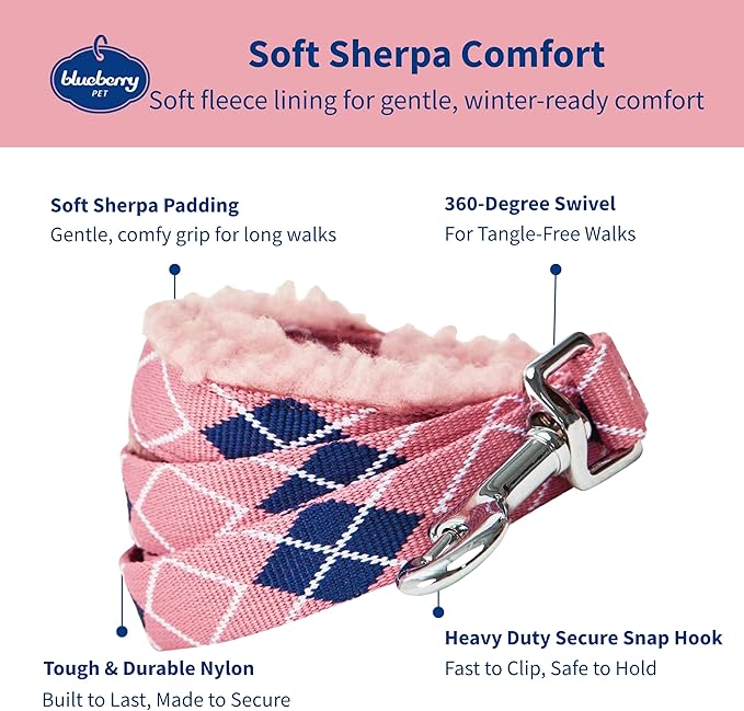 Blueberry Pet Scottish Argyle Fleece Padded Dog Leash with Soft & Comfortable Handle, 5 ft x 3/4", Pink, Medium, Leashes for Dogs