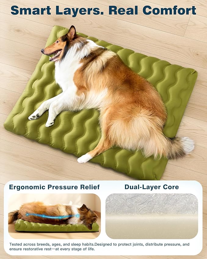 Orthopedic Dog Bed Outdoor Waterproof Dogs Crate Bed for Large Medium Small Dogs, Washable Cooling Dog Bed Mat with Removeable Cover & Memory Foam（30" x 20", Green