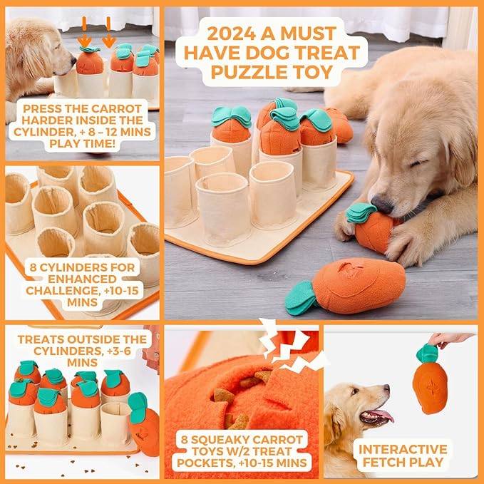 Fossa Boredom Buster for Small and Medium Dog, Interactive Treat Puzzle Rug, Slow Feeder Mat with Squeaky Carrots, 20-40 Mins Self-Entertainment Toy, Enrichment Toy Gifts for Dog