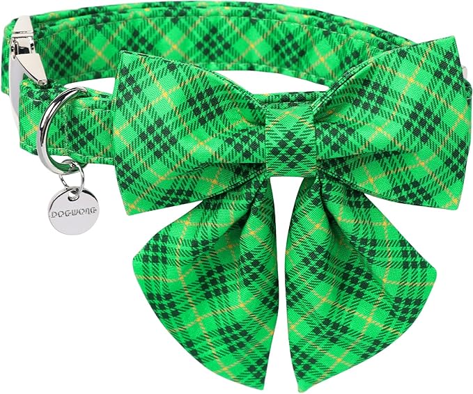 DOGWONG St. Patrick's Day Dog Collar-Cute Green Dog Collar with Bow, Cotton Green Plaid Bowtie Dog Collars with Metal Buckle for Small Medium Large Dogs