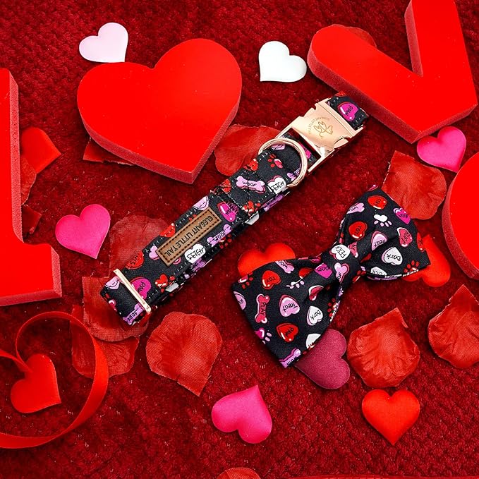 Elegant little tail Valentine's Dog Collar，Cute Heart Dog Collar with Bow for Small Dogs, Female or Male Adjustable Cotton Pet Collar Puppy for Small Medium Large Dogs