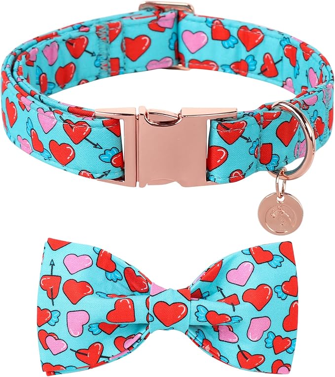 DOGWONG Valentine Dog Collar with Bow, Blue Heart Dog Collar Durable Soft Cotton Pet Dog Collar Cute Heart Valentines Day Puppy Necklace for Small Medium Large Dog